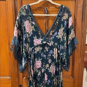 Johnny Was Dark Floral V-neck Mesh Maxi Dress with Lace Trim